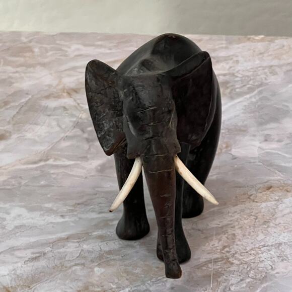 Vintage Hand Carved Elephant With Tusks Trunk Down Dark Wood Sculpture 5" Tall - Picture 7 of 15